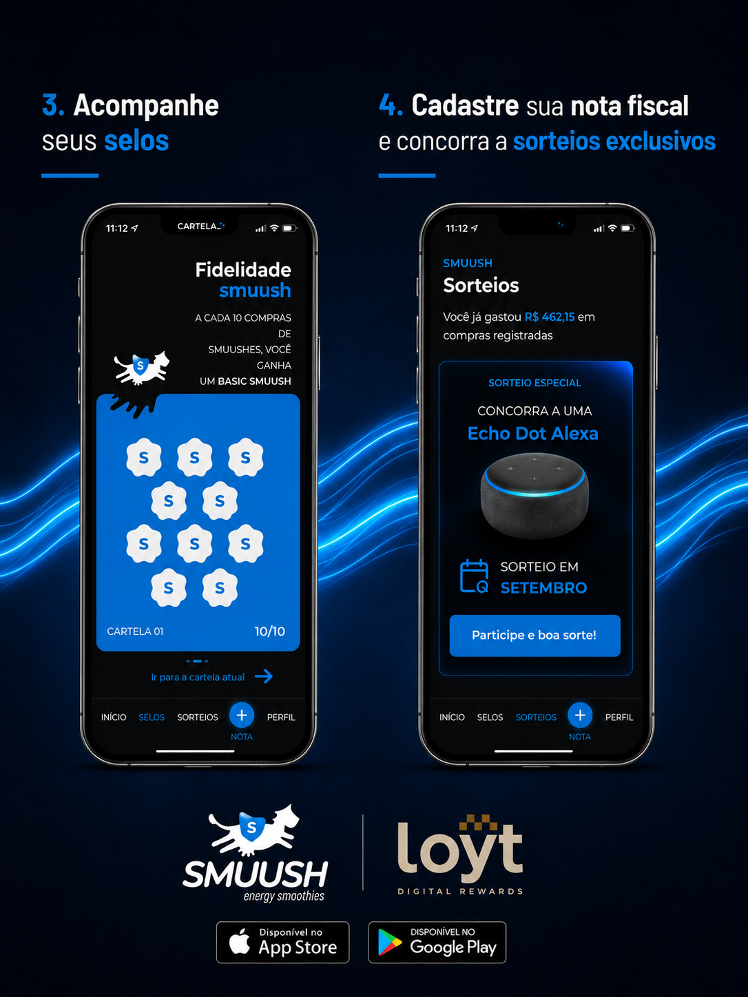 Dois celulares com as telas de fidelidade e sorteios da Smuush, com a marca Loyt